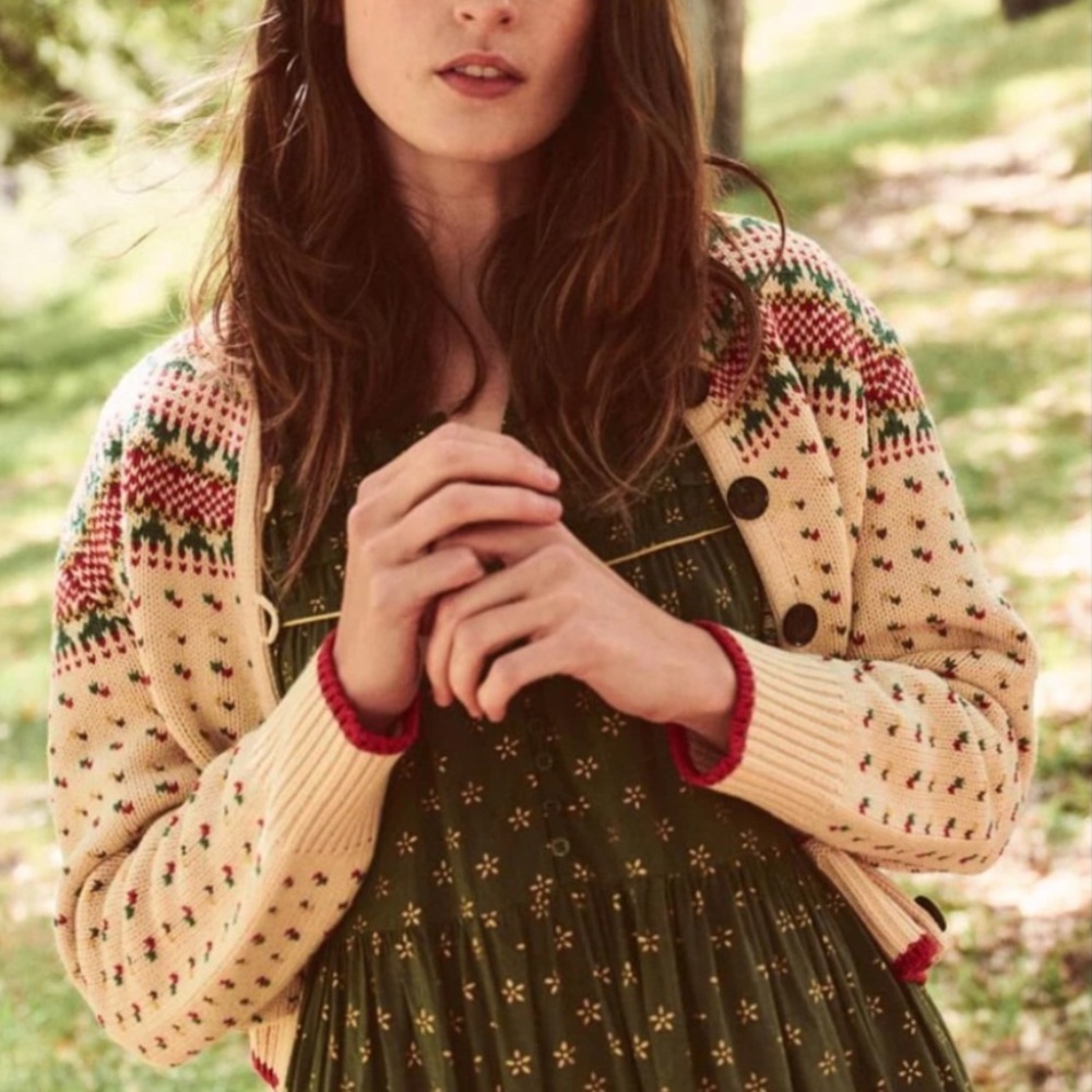 The Great. Vintage Ornament Button Down Cardigan in Cream Green and Red Size 0 - Picture 2 of 15